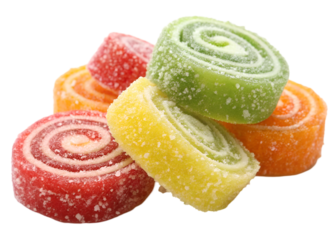 Colorful spiral jelly roll candies coated in sugar crystals, fruity sweets in red, yellow, green, and orange tones isolated on transparent background.
