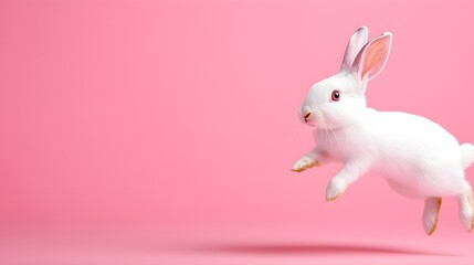 Adorable White Rabbit Leaping Against Soft Pink Background