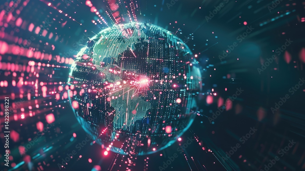 Poster a vibrant representation of digital data transfer in a global network. this futuristic concept illus