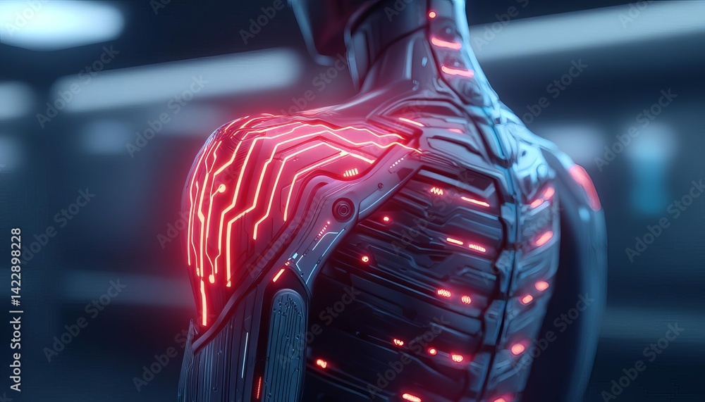 Poster futuristic robotic body with glowing circuits and intricate design elements.