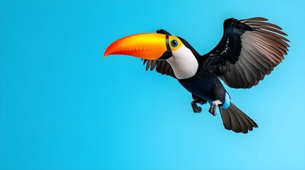 Colorful Toucan Flying Against Bright Blue Background