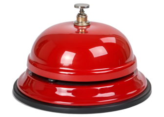vibrant red service bell with a glossy metallic finish, reflecting light on its smooth dome surface, isolated on transparent background.
