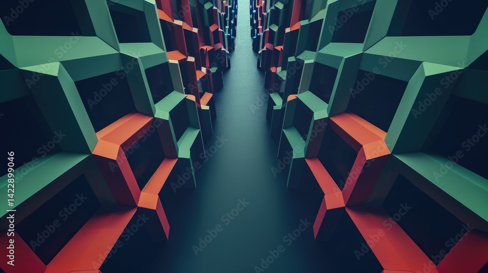 Poster geometric hexagon shapes in green and red on a dark background. 3d abstract design with depth and pe