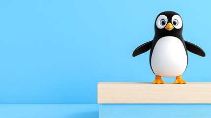 Cute Cartoon Penguin on a Wooden Platform Against a Blue Background