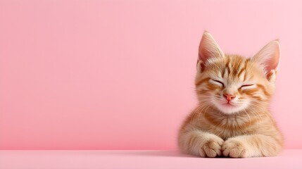 Adorable orange tabby kitten with closed eyes on pink background