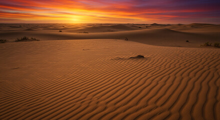 Dramatic Desert Sunset Landscape Rippled Sand Dunes at Golden Hour