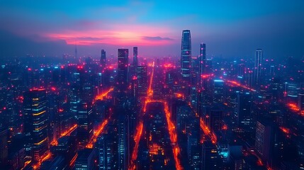 Vibrant cityscape at dawn, illuminated streets and skyscrapers.