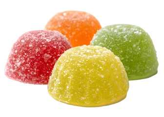 Three dome-shaped sugar-coated fruit jelly candies in red-orange, bright green, and yellow, glossy and vibrant treats isolated on transparent background.