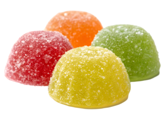 Three dome-shaped sugar-coated fruit jelly candies in red-orange, bright green, and yellow, glossy and vibrant treats isolated on transparent background.
