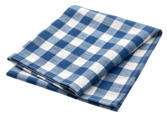 Transparent PNG available
Blue and white checkered napkin or tablecloth with soft folds and creases, casual fabric texture ideal for kitchen, dining, or picnic settings, isolated on transparent backgr