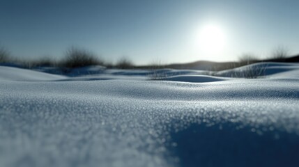 Snowy landscape at dawn.  Soft, pristine snow covers a gentle hill.  Sun shines brightly in the distance