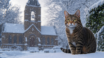 Majestic tabby cat sitting in the snow with a historic church in the backdrop during winter