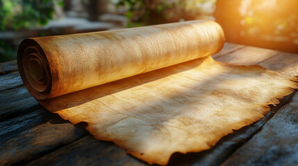 Old worn-out scroll lies on a dark textured surface symbolizing ancient prophecy lost knowledge forgotten wisdom or secrets waiting to be revealed with blank caption space on the side


