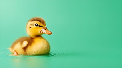 Cute Yellow Duckling Swimming on Bright Green Background