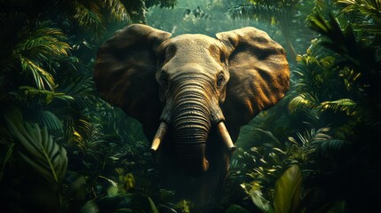 Close up portrait of an elephant in a dense jungle