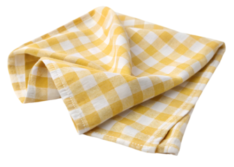Transparent PNG available
Crumpled yellow and white checkered gingham cloth napkin with natural folds and wrinkles, casual kitchen or picnic textile detail, isolated on transparent background.