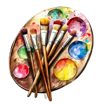 watercolor paint palette with brushes clip art preview