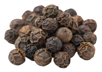 Cluster of dried black peppercorns with wrinkled surface texture and earthy tones, essential spice for cooking and seasoning, isolated on transparent background.