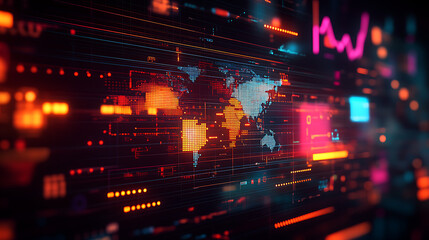 Fototapeta premium World map visualization with futuristic technology and vibrant data analysis graphics