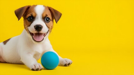 Cute puppy with a blue ball on bright yellow background