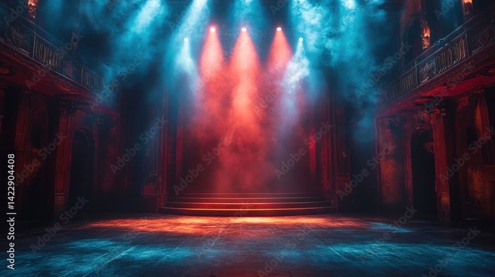 Poster empty theater stage illuminated by spotlights - image for design