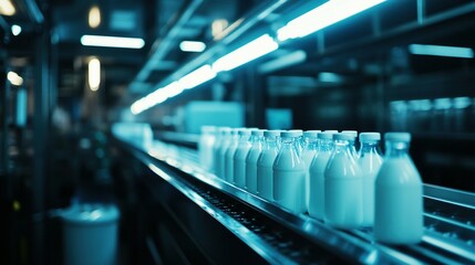 Milk bottles move along a production line in a modern dairy facility.