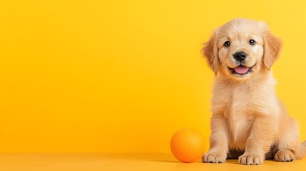 Cute Golden Retriever Puppy Sitting Next to a Ball on Yellow Background