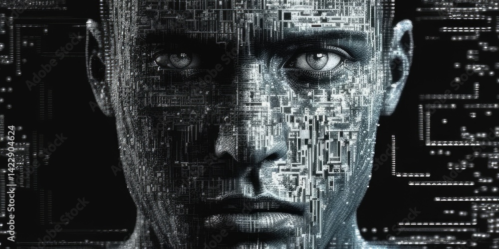 Aufkleber digital portrait of a person with pixelated texture on a green background. human or human robotic lo