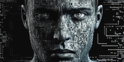 Digital portrait of a person with pixelated texture on a green background. Human or human robotic looking at camera or staring at camera made from pixel connecting together at black background. AIG51.