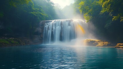Fototapeta premium Sunlit waterfall cascading into a serene pool, lush green foliage.