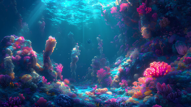 Ethereal seapunk dreamscape turquoise swells undulating neon coral formations. Visionary Swell. Illustration