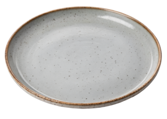 Handmade round grey ceramic plate with matte speckled glaze and subtle textured surface, top-down view ideal for food styling or rustic kitchen themes, isolated on transparent background. 