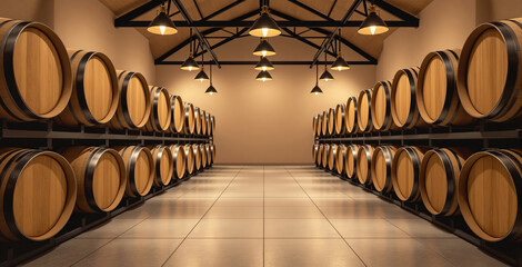 Wine cellar with rows of wooden barrels, realistic graphic style, warm indoor background, concept of aging drinks and vintage storage. Ai generative
