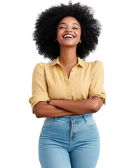 joyful woman with afro hair on transparent background