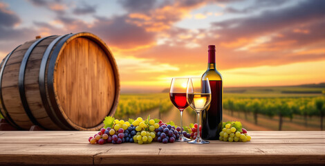 Wine glasses and bottle with grapes on wooden table, realistic style, vineyard and barrel in blurred background, concept of drinks product presentation. Ai generative