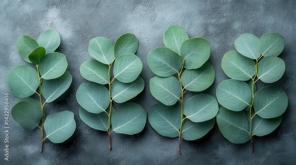 Poster eucalyptus leaves arranged on subtle gray - image for design