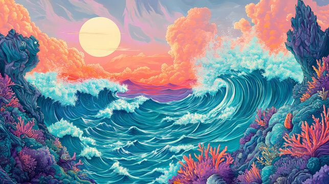 Ethereal seapunk dreamscape turquoise swells undulating neon coral formations. Visionary Swell. Illustration