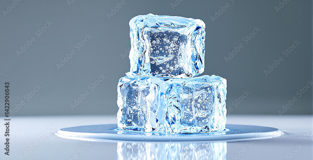 Poster two shiny ice cubes with bubbles stacked on a wet surface, glossy style, placed against a soft gradi