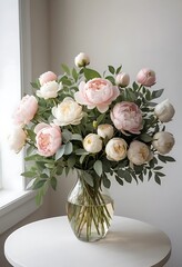 Beautiful Bouquet of Peonies and Eucalyptus in a Glass Vase. Generative Ai