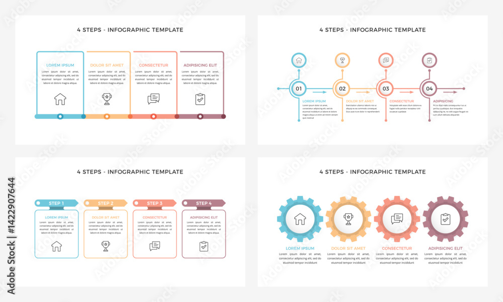 Poster set of four infographic templates with four steps, presentation slides, vector eps10 illustration