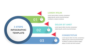 Modern infographic template with three steps with red flag markers for presentations or workflows, vector eps10 illustration