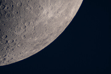 Close-up of lunar craters near the moon's southern hemisphere. Planetary astrophotography Satellite...