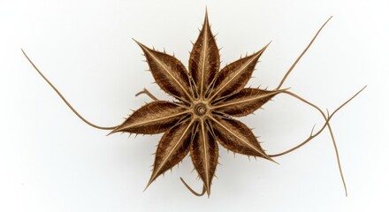 Botanical specimen dried spiky seedpod isolated white background