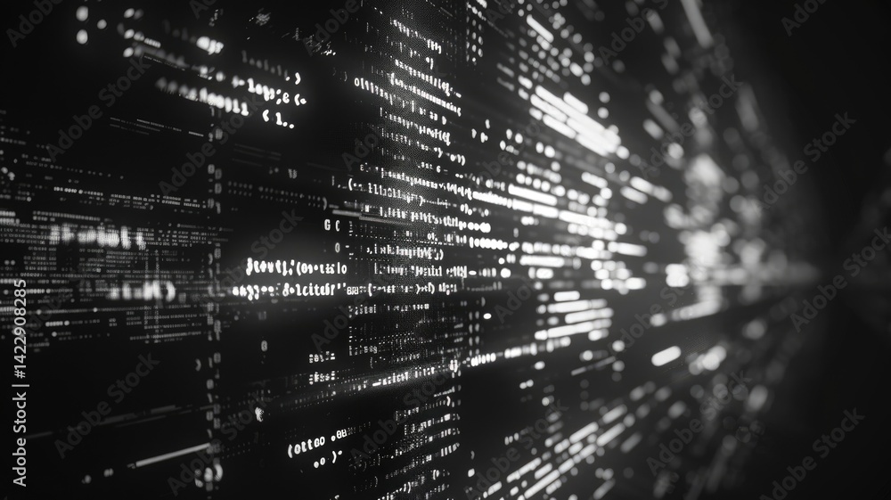 Poster abstract of complex glitch with pixel effect in dark background use shading and monochrome to expres