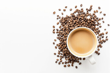 Cup of coffee surrounded by roasted coffee beans on clean white background, top view composition with copy space, ideal for drinks branding mockup. Ai generative
