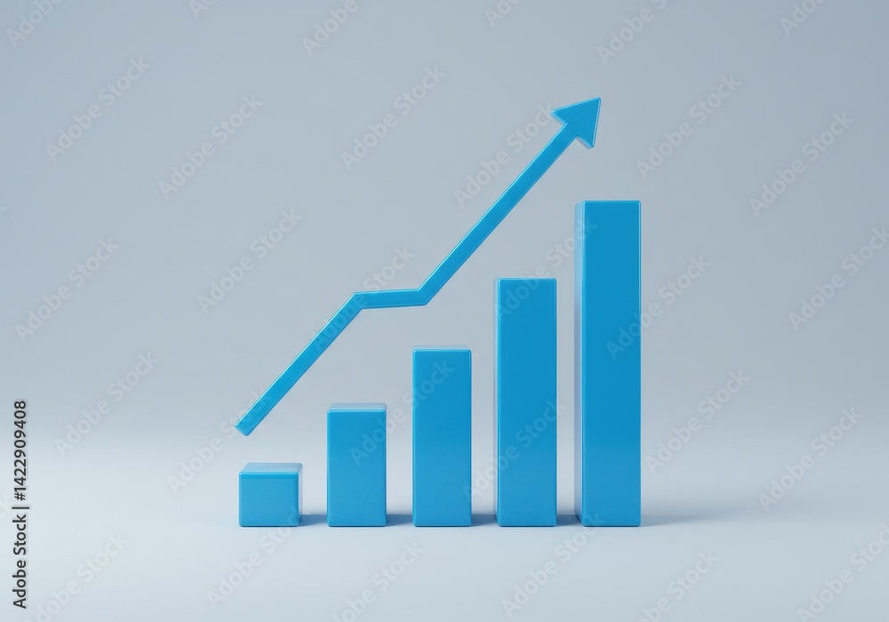 Poster a blue bar graph with an arrow pointing upwards suggesting growth on a light gray background plain s