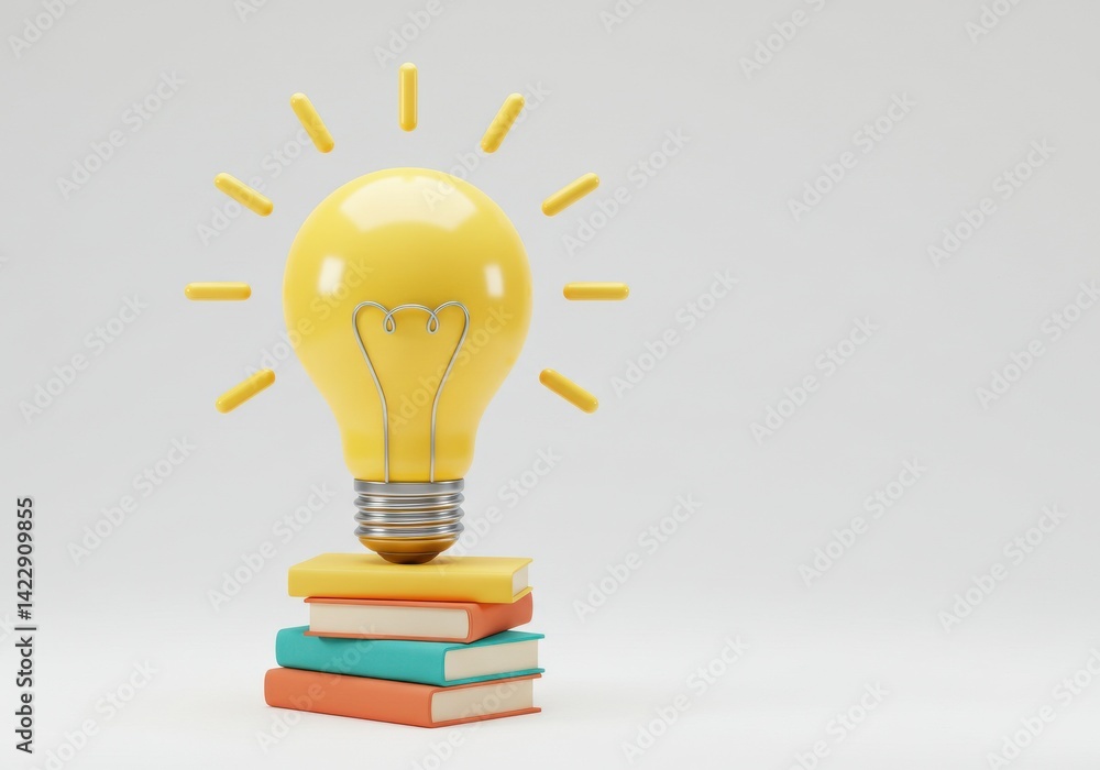 Poster a yellow lightbulb with rays sitting on top of a stack of three colorful books on a white background