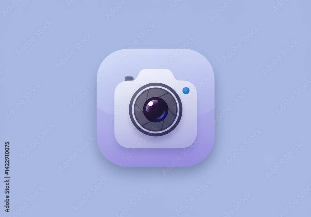 Poster camera icon on a rounded square with a blue dot and light purple background in a simple design style