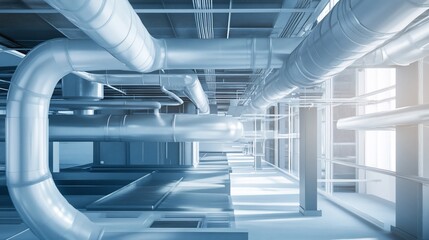 Industrial Interior with Complex Piping System and Sunlight, a Marvel of Engineering