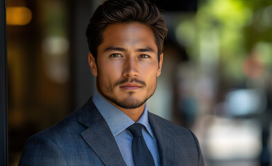Confident businessman in a suit and tie posing outdoors with a serious expression